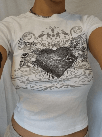 Vintage Heart Print Short Sleeves Tee