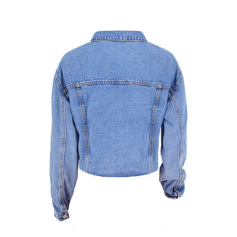 Vintage Long Sleeve Frayed Crop Denim Jacket - Blue