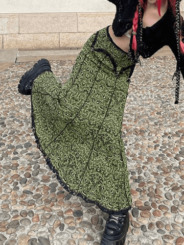Falda larga con estampado de patchwork de sirena vintage