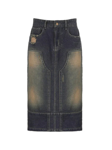 Vintage Patchwork Distressed Long Denim Skirt