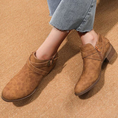 Vintage Pointed Toe Block Heel Buckle Strap Suede Ankle Boots - Brown