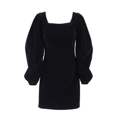 Vintage Puff Sleeve Square Neck Velvet Party Mini Dress - Black