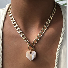 Vintage Style Chunky Chain Pearlized Puffy Heart Charm Necklace - Gold