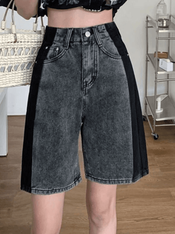 Washed Patchwork Denim Shorts