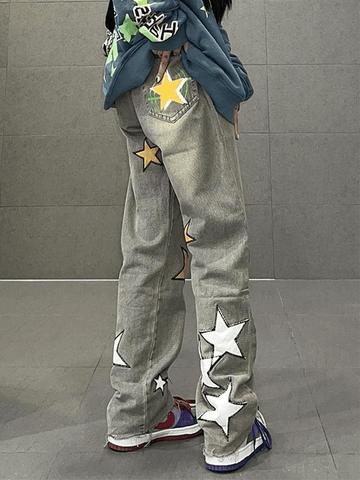 Washed Star Patched Boyfriend Jeans