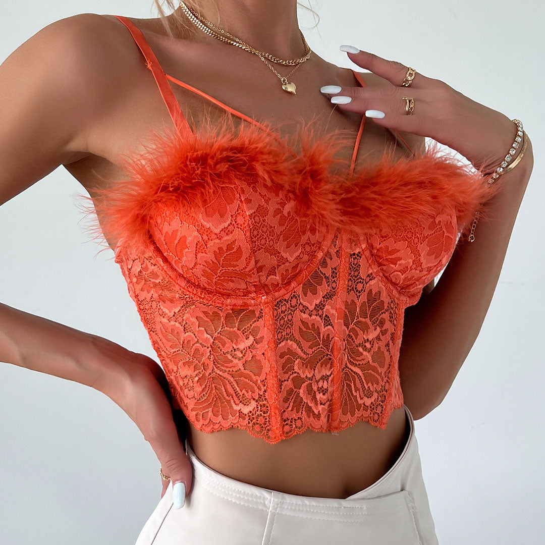 Whimsical Fur Sweetheart Neck Sheer Lace Crop Corset Top - Orange