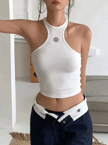 White Logo Ribbed Cropped Tank Top