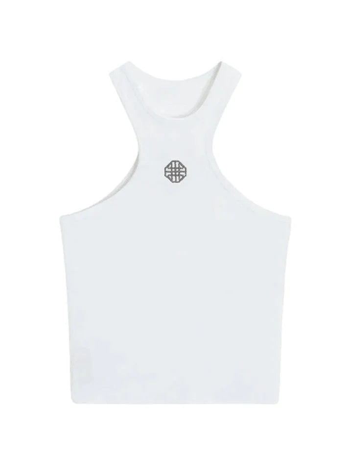 Weißes, geripptes, kurzes Tanktop mit Logo