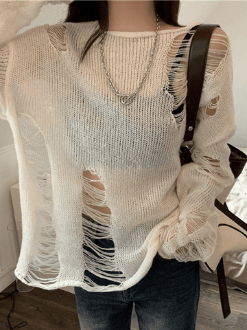 White Long Sleeve Distressed Knit Top