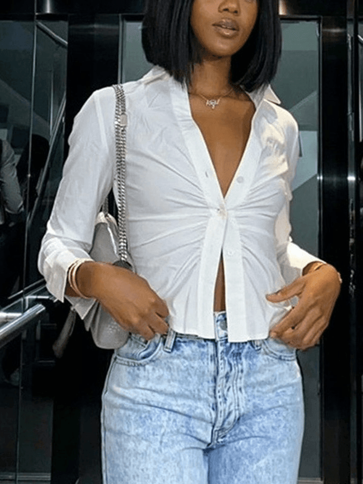 White Ruched Cropped Long Sleeve Blouse