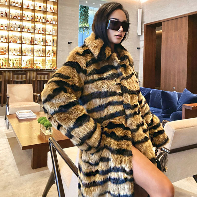 Wild Animal Print Open Front Fur Teddy Trench Coat - Tiger
