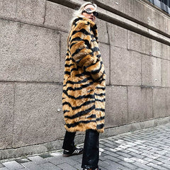 Wild Animal Print Open Front Fur Teddy Trench Coat - Tiger