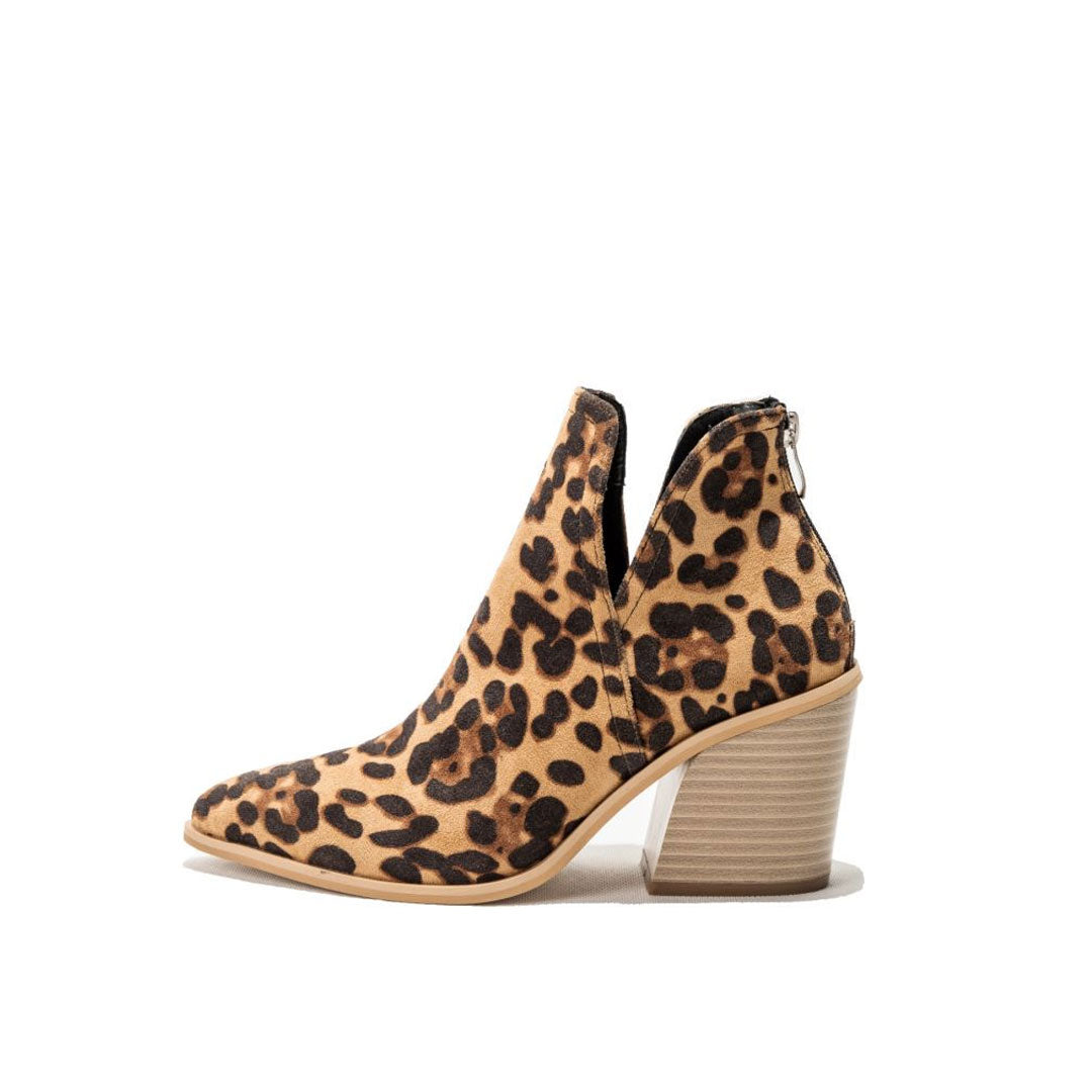 Wild Pointed Toe Notch Trim Chunky Heel Suede Ankle Boots - Leopard