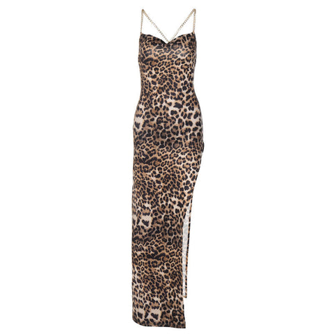 Wild bedrucktes Maxikleid mit hohem Schlitz, Wasserfallausschnitt und gekreuzten Ketten - Leopard