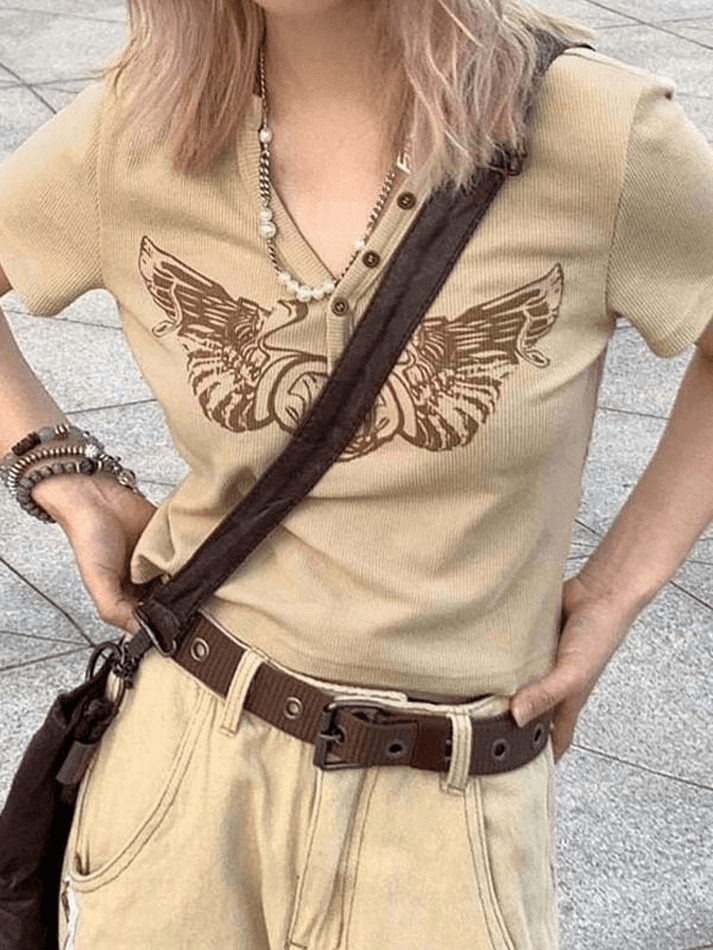 Wing Print Button Ribbed Crop Top