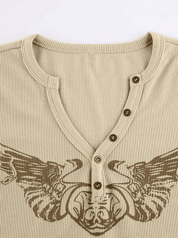 Geripptes Crop-Top mit Flügel-Print und Knöpfen