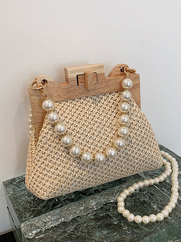 Pearl Decor Twist Lock Straw Bag