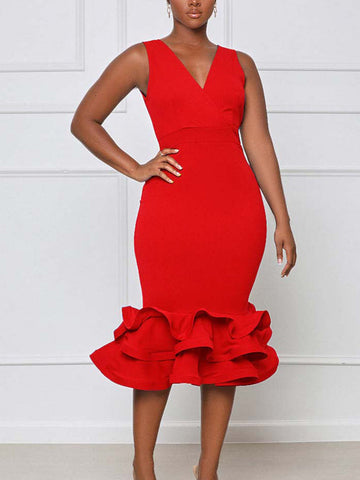 Ruffled Trim Bodycon Midi Dress