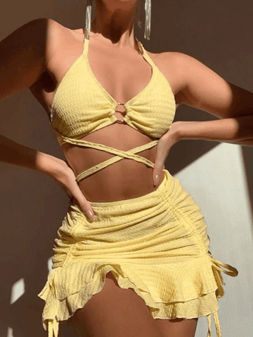 Yellow Tie Strap Three Piece Swimsuit