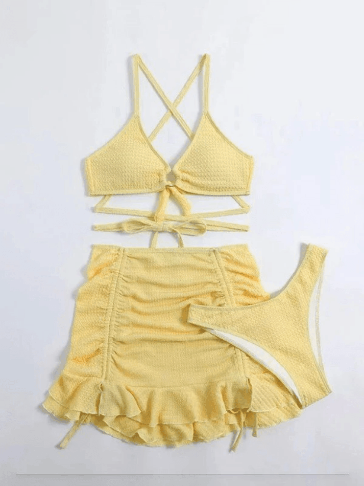 Yellow Tie Strap Three Piece Swimsuit