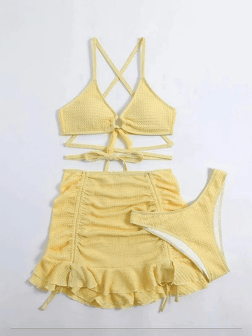 Yellow Tie Strap Three Piece Swimsuit