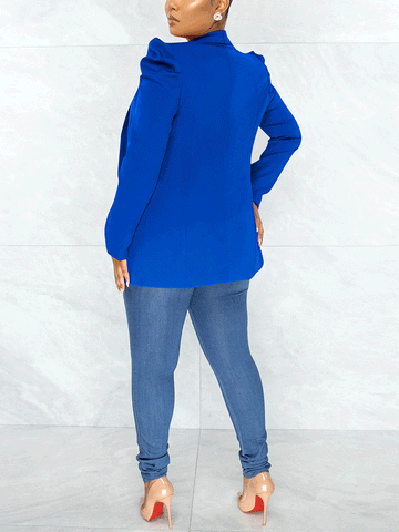 Puff Sleeve Solid Blazer Jacket - Blue