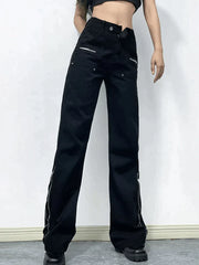 Zipper Design Black Ankle Flare Cargo Jeans