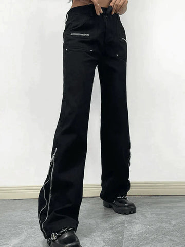 Zipper Design Black Ankle Flare Cargo Jeans