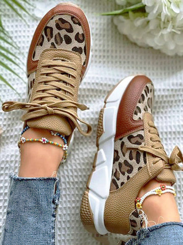 Zapatillas deportivas casuales de PU con estampado de leopardo